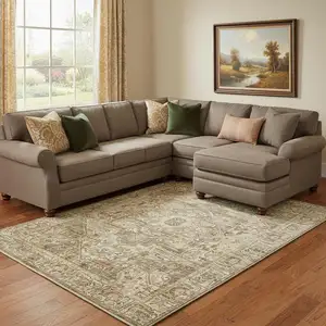 Photo of Brown And Beige Floral Medallion Washable Area Rug