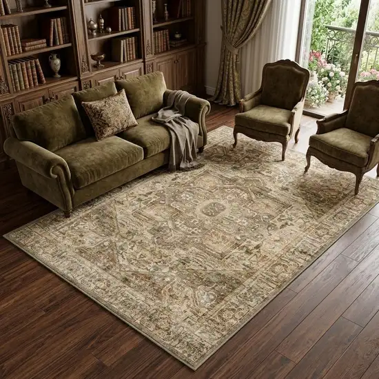 Brown And Beige Floral Medallion Washable Area Rug Photo 1