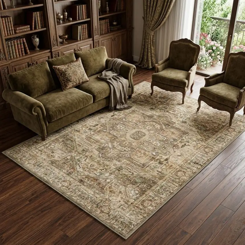Brown And Beige Floral Medallion Washable Area Rug Photo 1