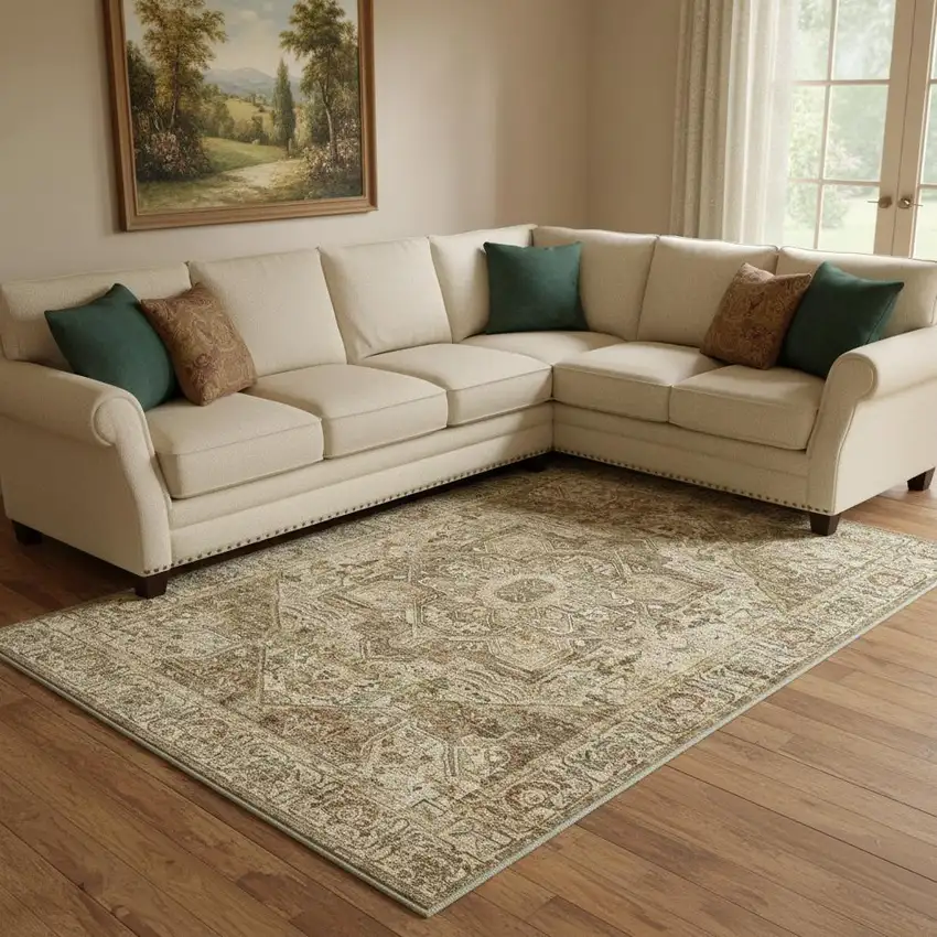 Brown And Beige Floral Medallion Washable Area Rug Photo 1