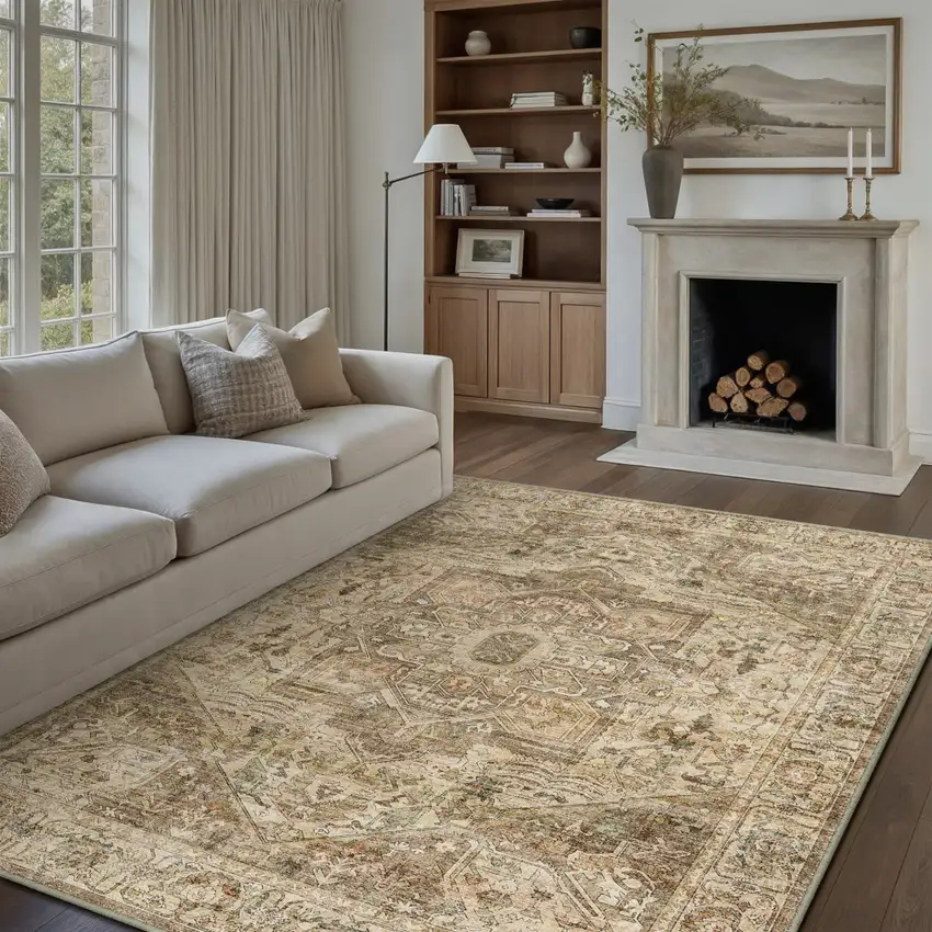 Brown And Beige Floral Medallion Washable Area Rug Photo 2