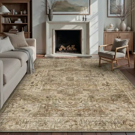 Brown And Beige Floral Medallion Washable Area Rug Photo 2