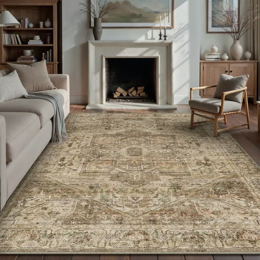 Brown And Beige Floral Medallion Washable Area Rug Photo 2