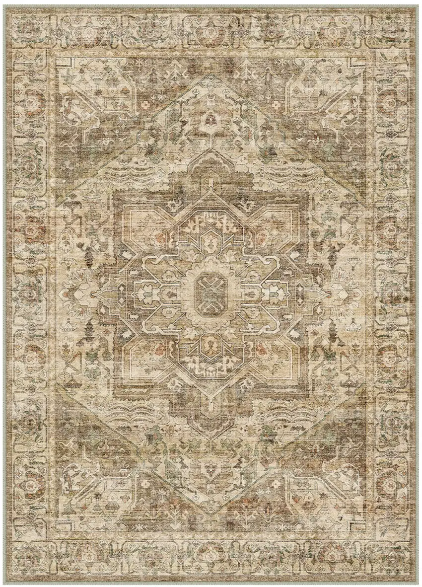 Brown And Beige Floral Medallion Washable Area Rug Photo 4