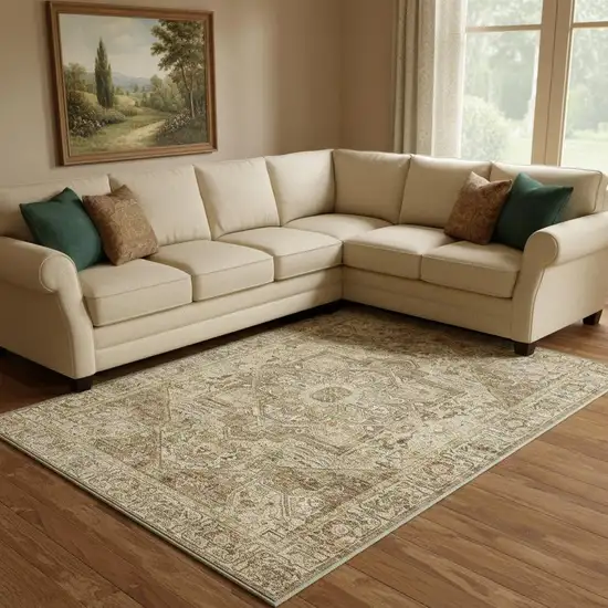 Brown And Beige Floral Medallion Washable Area Rug Photo 1