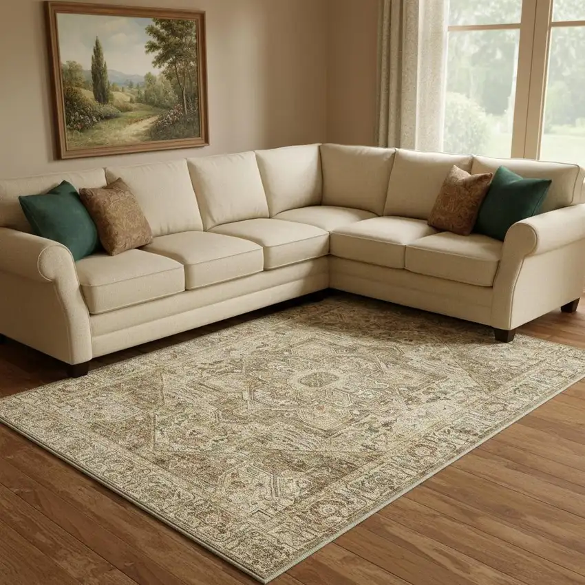 Brown And Beige Floral Medallion Washable Area Rug Photo 1