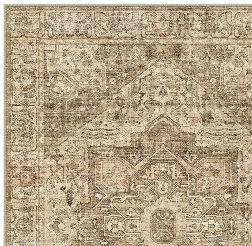 Brown And Beige Floral Medallion Washable Area Rug Photo 5