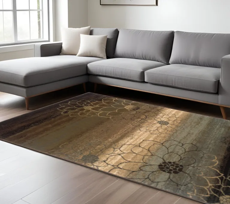Brown And Beige Floral Power Loom Stain Resistant Area Rug Photo 5