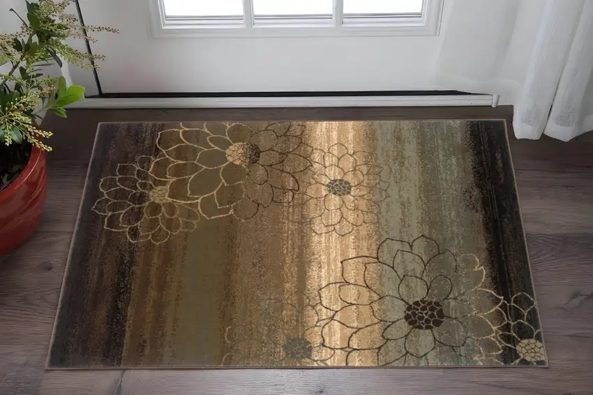 Brown And Beige Floral Power Loom Stain Resistant Area Rug Photo 1