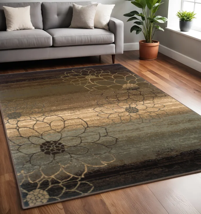 Brown And Beige Floral Power Loom Stain Resistant Area Rug Photo 5