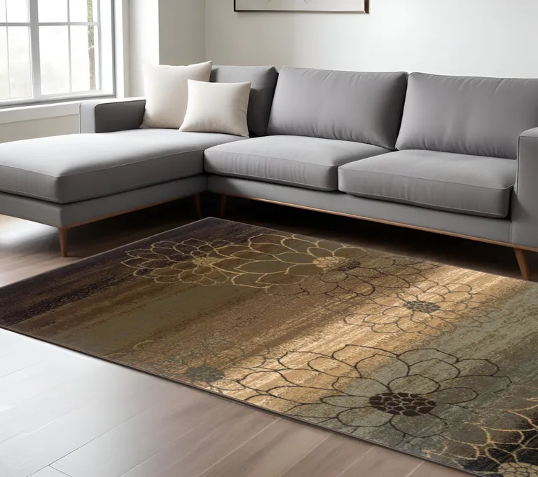 Brown And Beige Floral Power Loom Stain Resistant Area Rug Photo 5