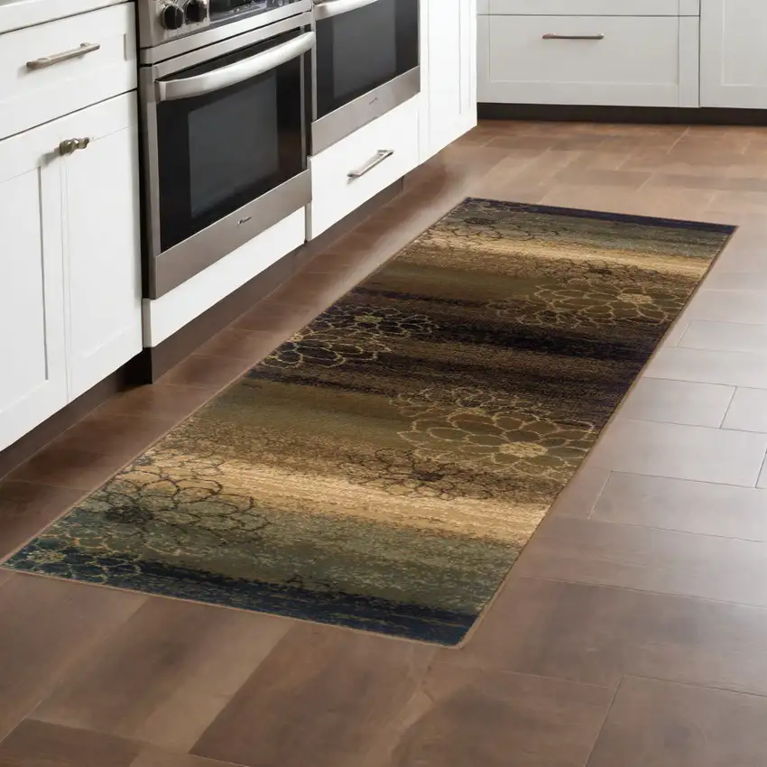 8' Brown and Black Floral Power Loom Runner Rug Photo 1
