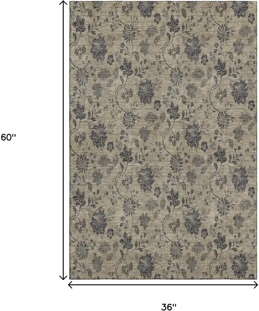 Brown And Beige Floral Washable Area Rug With UV Protection Photo 6