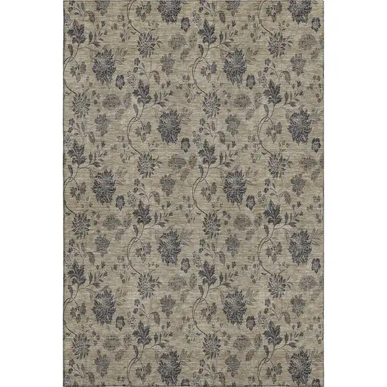 Brown And Beige Floral Washable Area Rug With UV Protection Photo 1