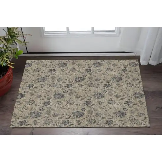 Brown And Beige Floral Washable Area Rug With UV Protection Photo 2