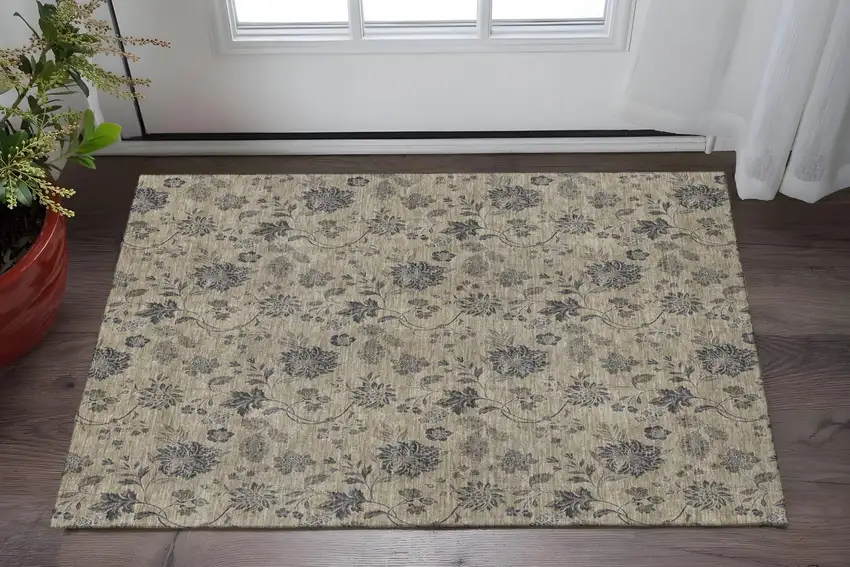 Brown And Beige Floral Washable Area Rug With UV Protection Photo 2