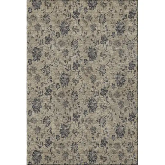 Brown And Beige Floral Washable Area Rug With UV Protection Photo 4