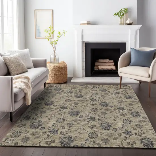 Brown And Beige Floral Washable Area Rug With UV Protection Photo 5