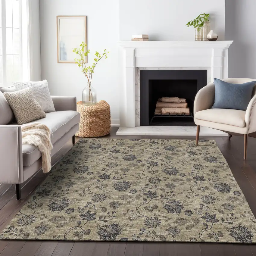 Brown And Beige Floral Washable Area Rug With UV Protection Photo 5