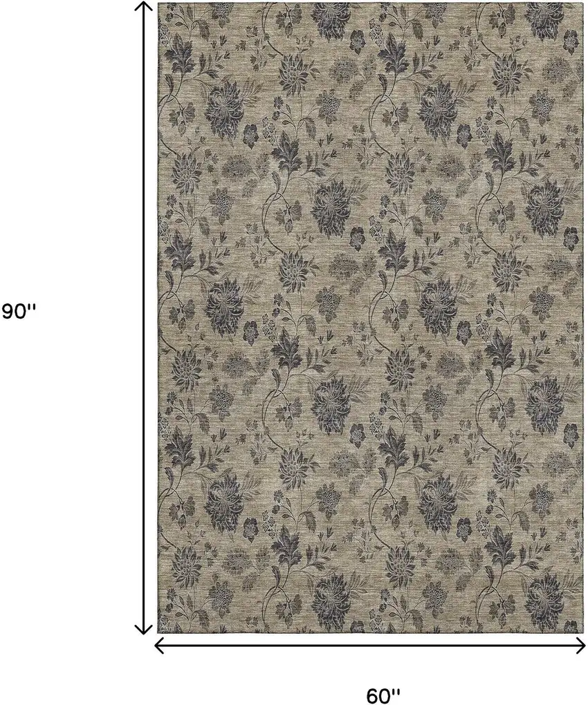 Brown And Beige Floral Washable Area Rug With UV Protection Photo 3