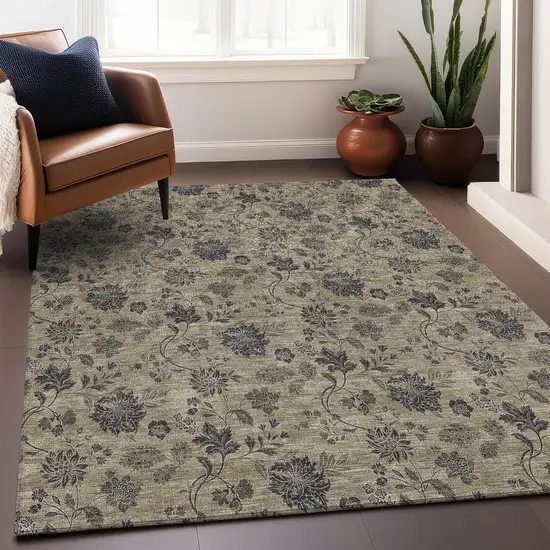 Brown And Beige Floral Washable Area Rug With UV Protection Photo 6
