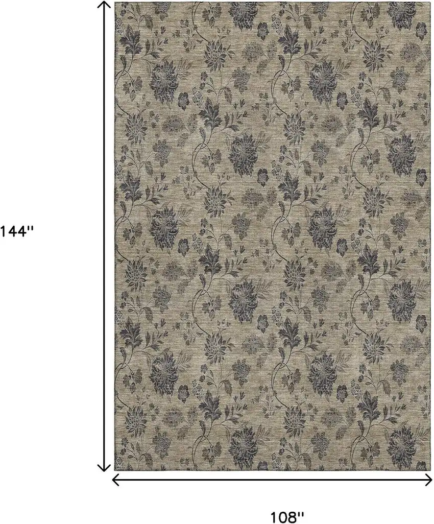 Brown And Beige Floral Washable Area Rug With UV Protection Photo 3