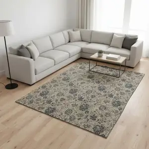 Photo of Brown And Beige Floral Washable Area Rug With UV Protection