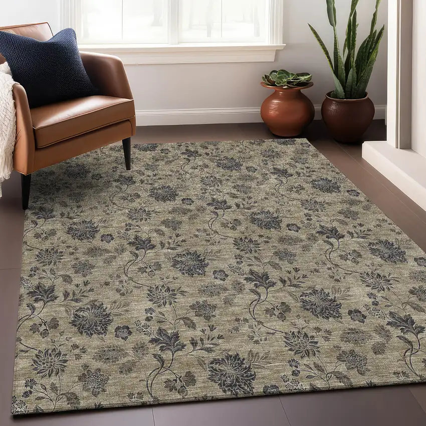 Brown And Beige Floral Washable Area Rug With UV Protection Photo 4