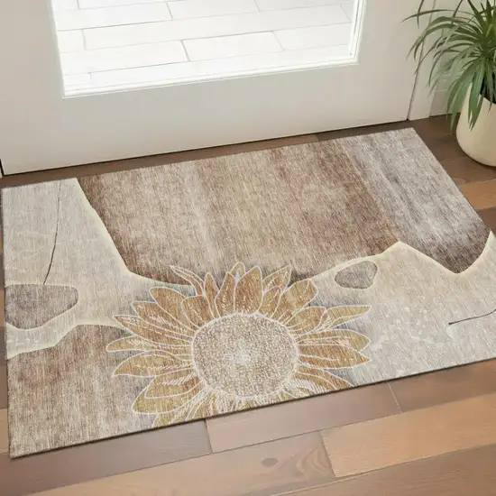 Brown And Beige Floral Washable Area Rug With UV Protection Photo 1