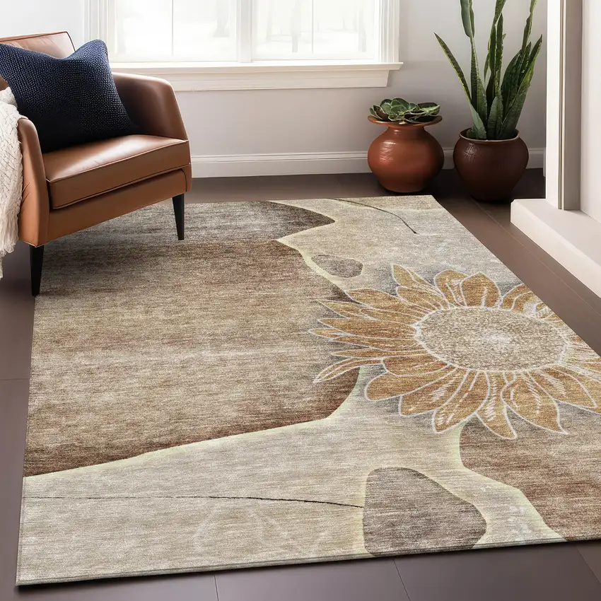 Brown And Beige Floral Washable Area Rug With UV Protection Photo 6