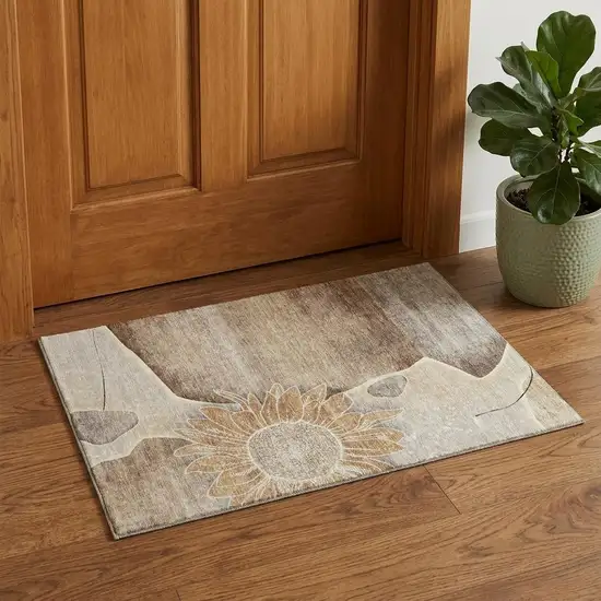 Brown And Beige Floral Washable Area Rug With UV Protection Photo 1