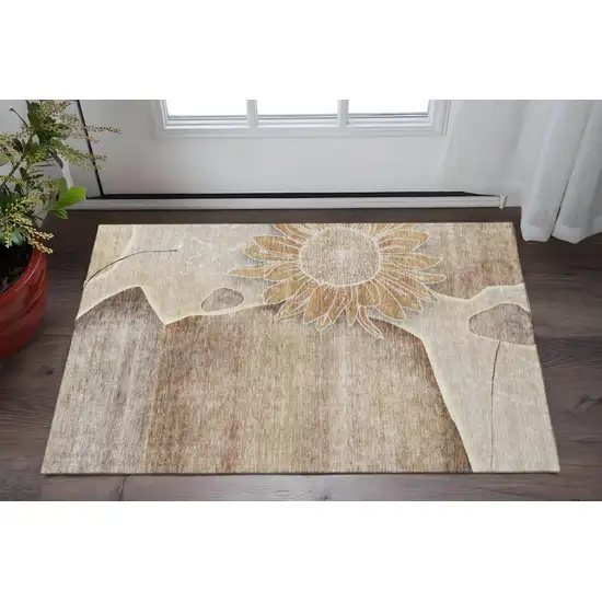 Brown And Beige Floral Washable Area Rug With UV Protection Photo 2
