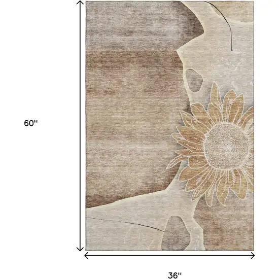 Brown And Beige Floral Washable Area Rug With UV Protection Photo 7