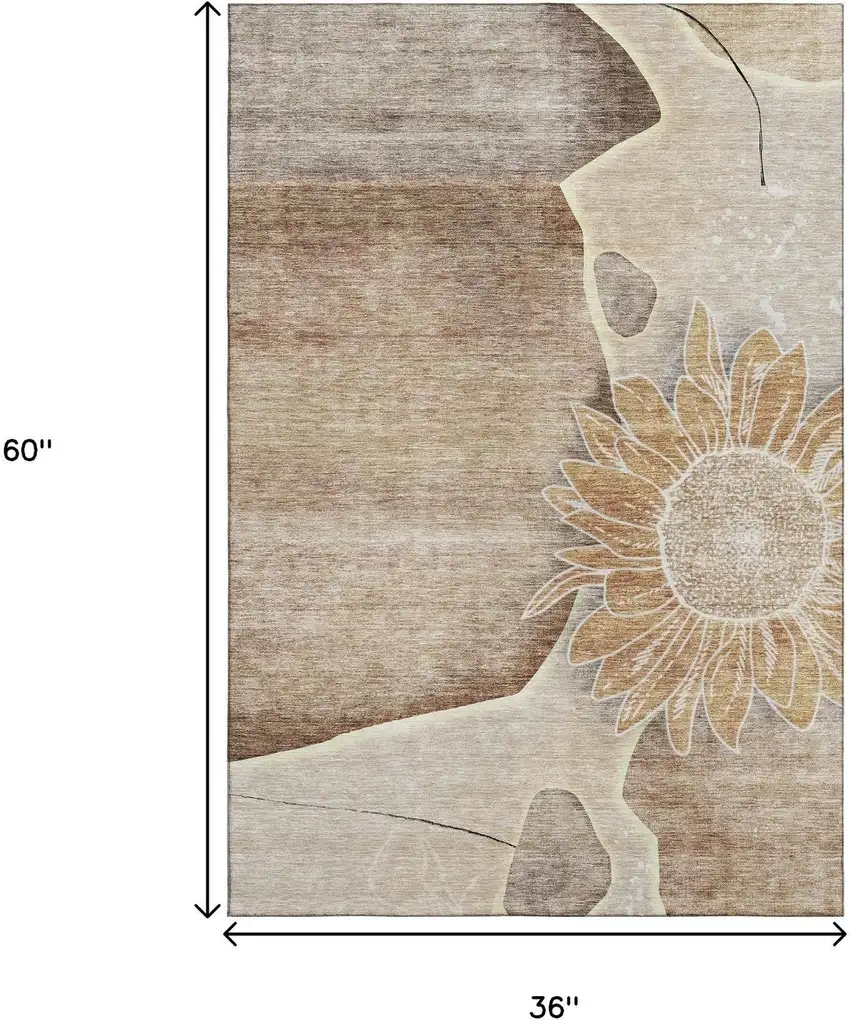 Brown And Beige Floral Washable Area Rug With UV Protection Photo 7