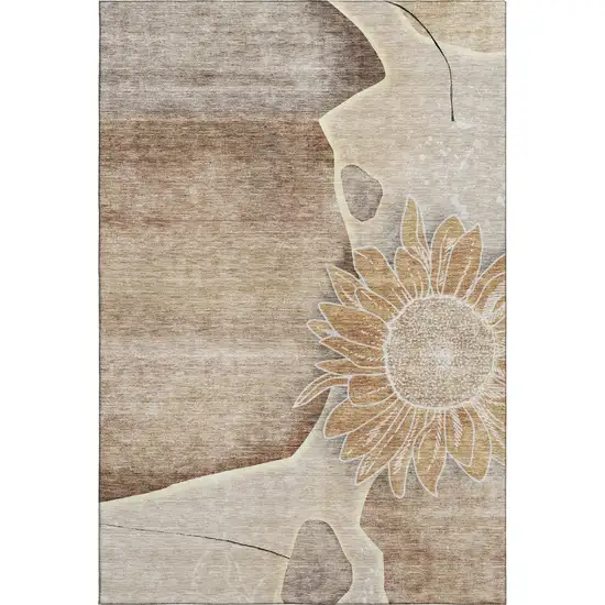 Brown And Beige Floral Washable Area Rug With UV Protection Photo 1