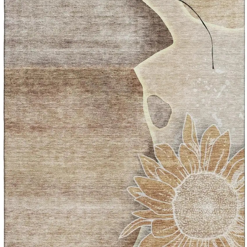 Brown And Beige Floral Washable Area Rug With UV Protection Photo 3