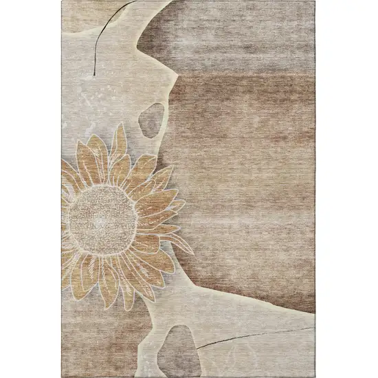 Brown And Beige Floral Washable Area Rug With UV Protection Photo 4