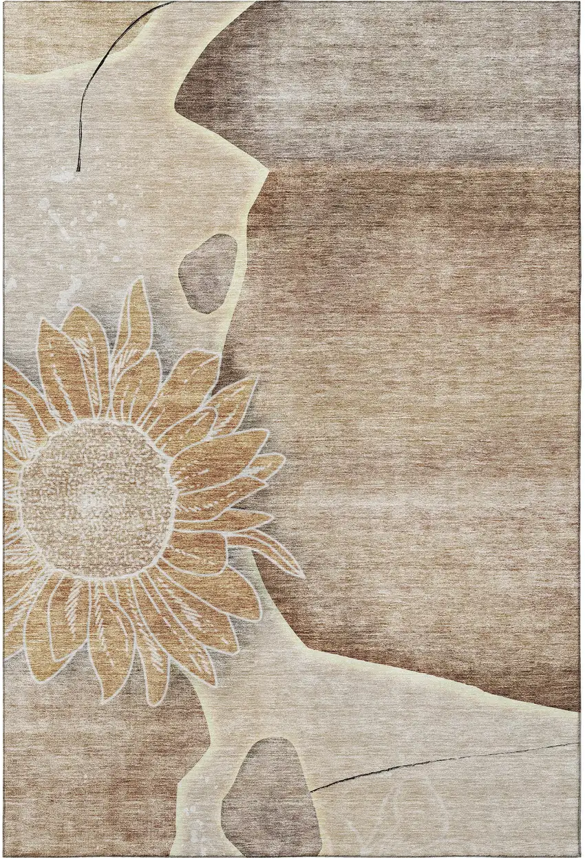 Brown And Beige Floral Washable Area Rug With UV Protection Photo 4