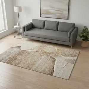 Photo of Brown And Beige Floral Washable Area Rug With UV Protection
