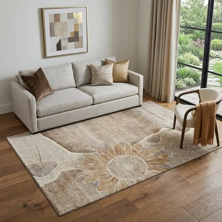 Brown And Beige Floral Washable Area Rug With UV Protection Photo 1
