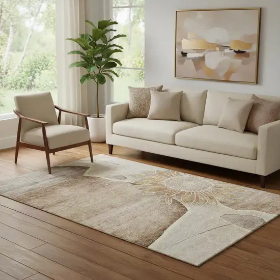 Brown And Beige Floral Washable Area Rug With UV Protection Photo 1