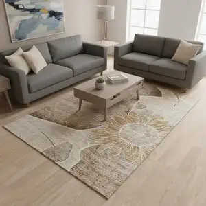 Photo of Brown And Beige Floral Washable Area Rug With UV Protection