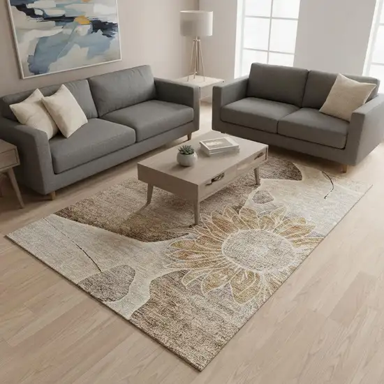 Brown And Beige Floral Washable Area Rug With UV Protection Photo 1