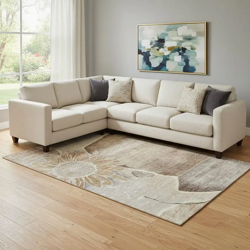 Brown And Beige Floral Washable Area Rug With UV Protection Photo 1