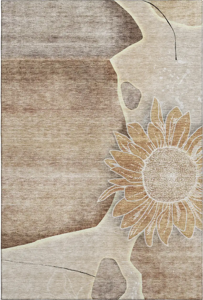 Brown And Beige Floral Washable Area Rug With UV Protection Photo 2