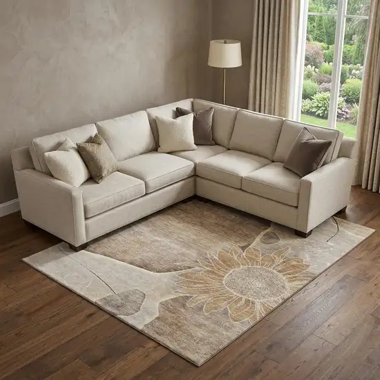 Brown And Beige Floral Washable Area Rug With UV Protection Photo 1