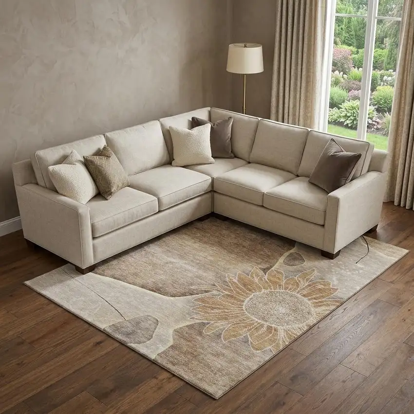 Brown And Beige Floral Washable Area Rug With UV Protection Photo 1