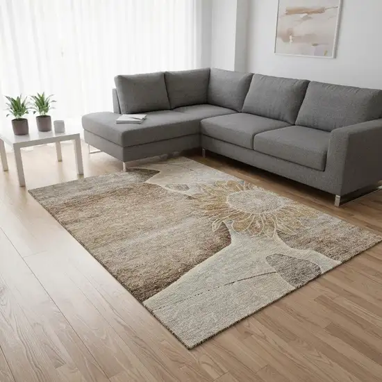 Brown And Beige Floral Washable Area Rug With UV Protection Photo 1