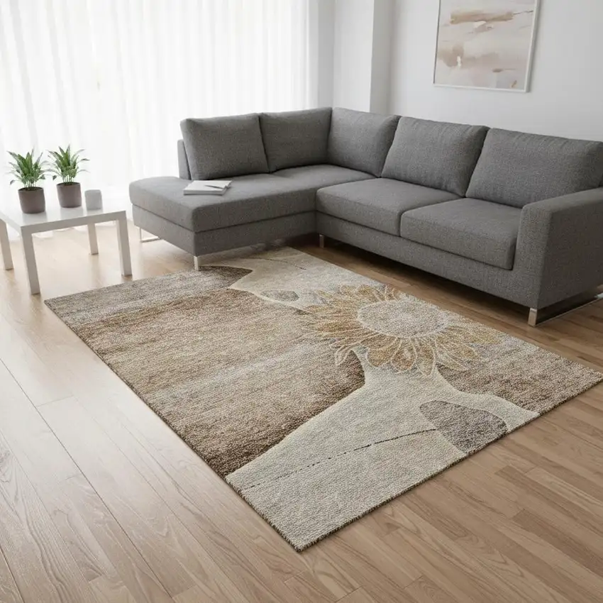 Brown And Beige Floral Washable Area Rug With UV Protection Photo 1