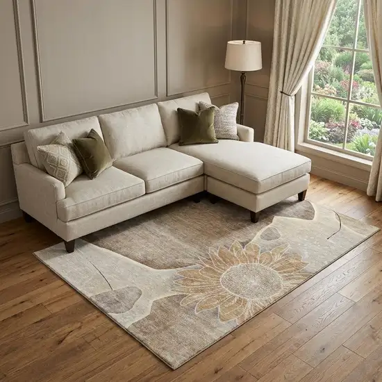 Brown And Beige Floral Washable Area Rug With UV Protection Photo 1